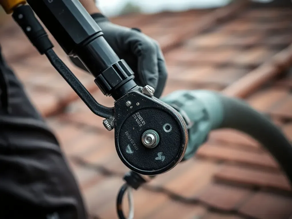 Equipment used for bay and canopy roofs, photographed close up