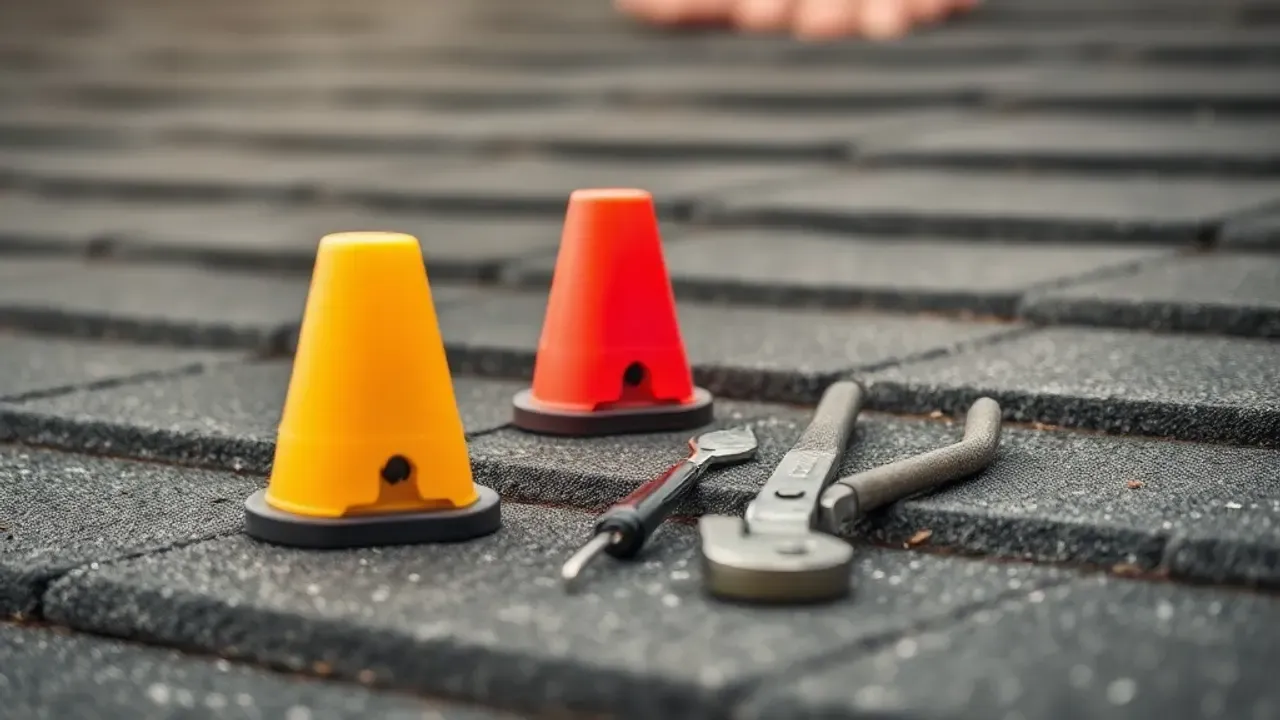 Tools and site markers used in Chigwell flat-roofing projects
