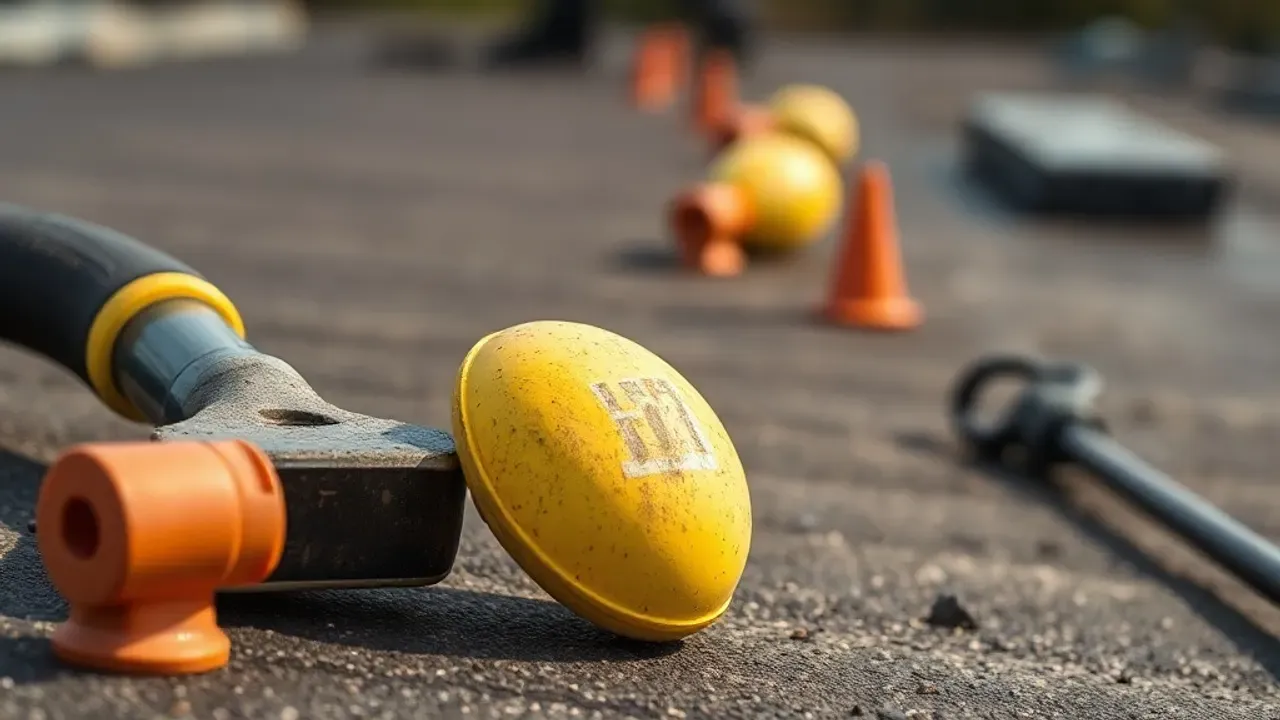 Tools and site markers used in Harlow flat-roofing projects